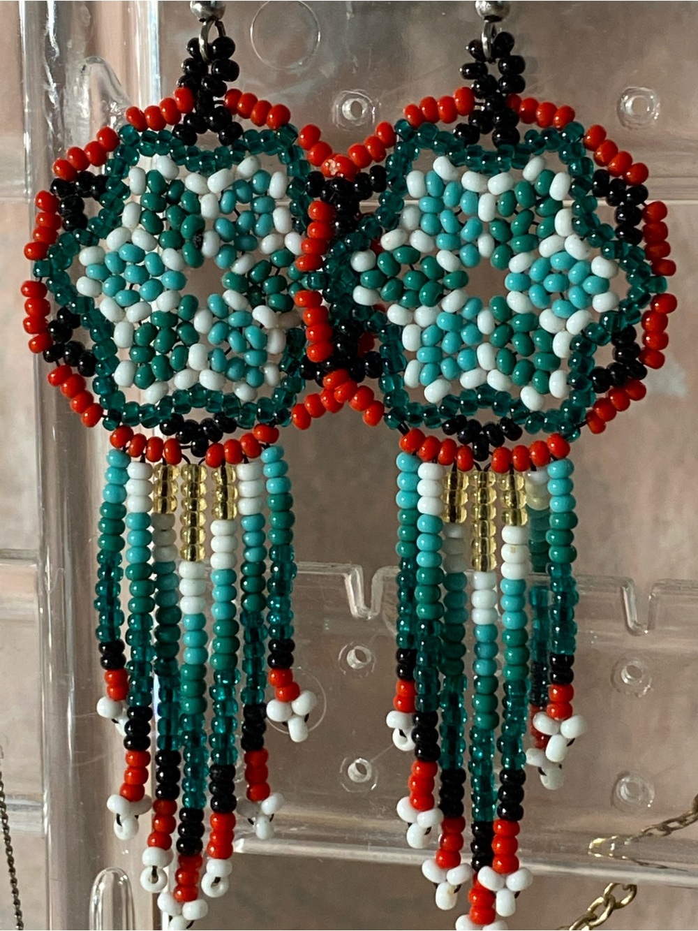 Handmade Beaded Fringe Earrings - Turquoise, Red & Black
